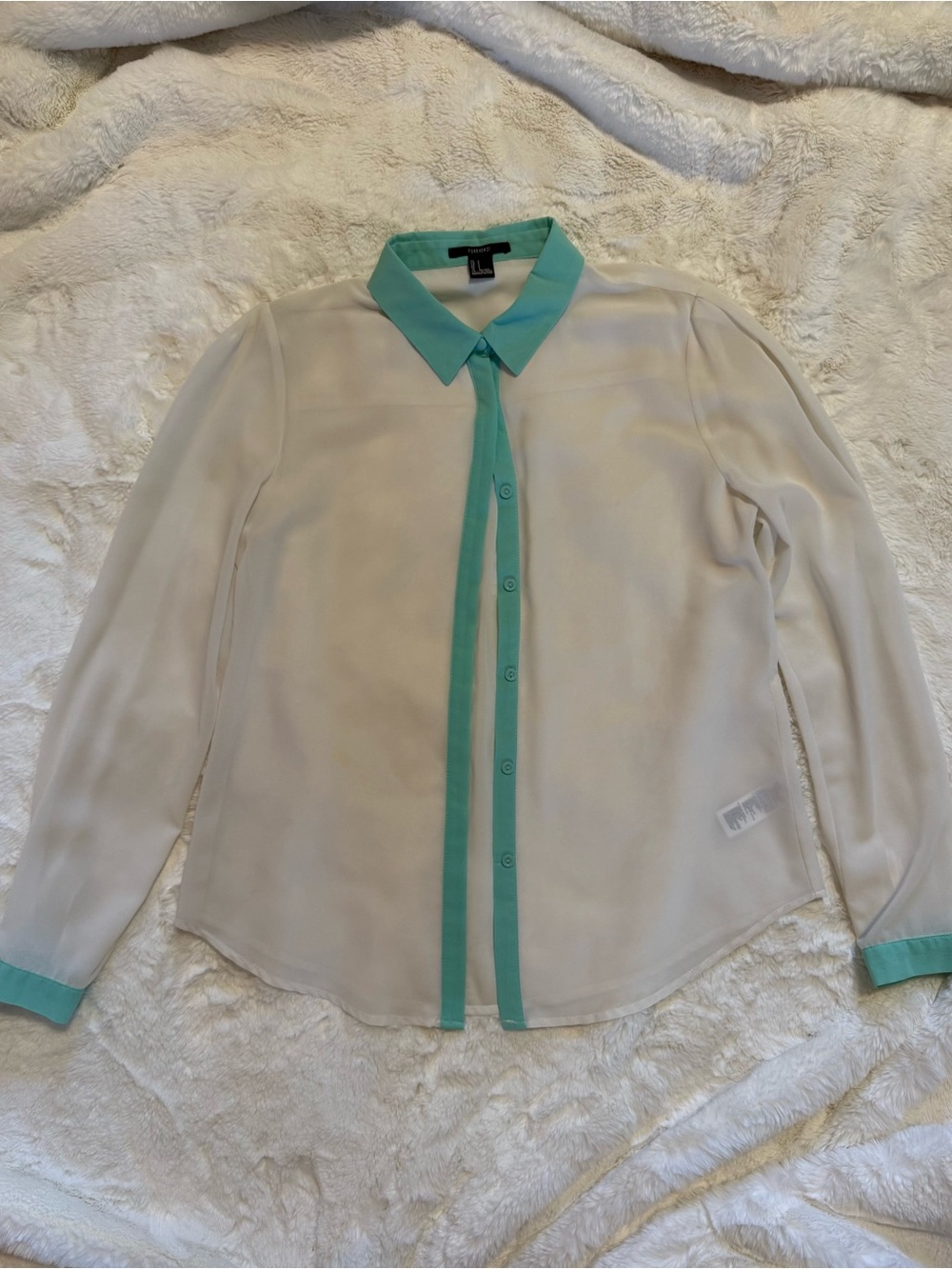 Forever 21 Women’s White Blouse with Mint Trim Button-Up